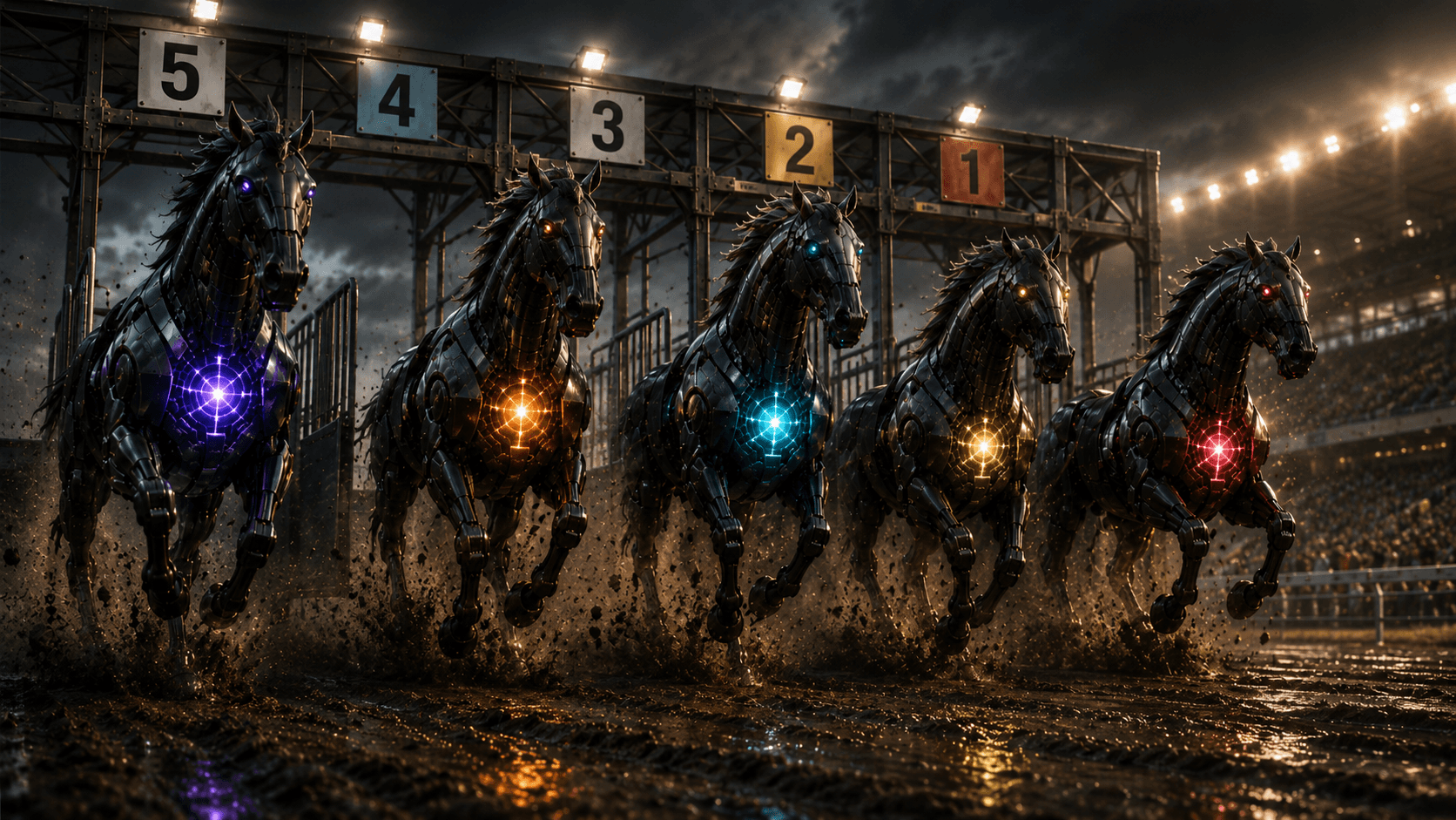 Five Reignited horses bursting from the starting gates, each with a different bloodline Pulse